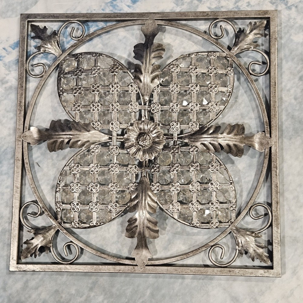 Distressed Silver Metal Wall Decor Scroll Floral Farmhouse Wall Hanging 14"